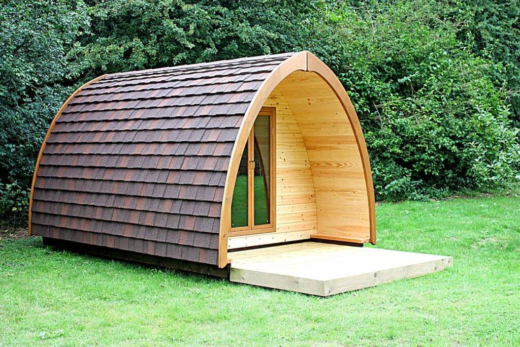 Camping pod with small decking area